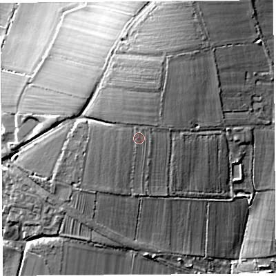 Shaded relief map of the ground around TA126PQ, computed from Environment Agency LiDAR. The ground here sits at about 44 m above sea level and falls 32 m across the surrounding 800 m. Surface water reaching this point runs off ground lying to the north-north-east, 4.8 m higher.