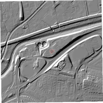 Shaded relief map of the ground around TA12AL, computed from Environment Agency LiDAR. The ground here sits at about 19 m above sea level and falls 18 m across the surrounding 800 m. Surface water reaching this point runs off ground lying to the east, 1.6 m higher.