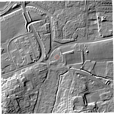 Shaded relief map of the ground around TA12DZ, computed from Environment Agency LiDAR. The ground here sits at about 15 m above sea level and falls 13 m across the surrounding 800 m. Surface water reaching this point runs off ground lying to the south-west, 11.3 m higher.