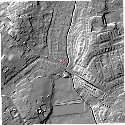 Shaded relief map of the ground around TA12EZ, computed from Environment Agency LiDAR. The ground here sits at about 17 m above sea level and falls 16 m across the surrounding 800 m. Surface water reaching this point runs off ground lying to the west, 9.1 m higher.