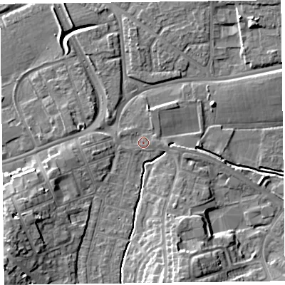 Shaded relief map of the ground around TA12HG, computed from Environment Agency LiDAR. The ground here sits at about 16 m above sea level and falls 13 m across the surrounding 800 m. Surface water reaching this point runs off ground lying to the south-west, 11.6 m higher.