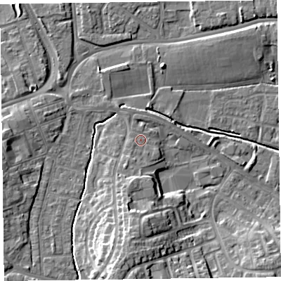 Shaded relief map of the ground around TA12HU, computed from Environment Agency LiDAR. The ground here sits at about 16 m above sea level and falls 15 m across the surrounding 800 m. Surface water reaching this point runs off ground lying to the south, 4.2 m higher.