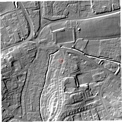 Shaded relief map of the ground around TA12HW, computed from Environment Agency LiDAR. The ground here sits at about 16 m above sea level and falls 15 m across the surrounding 800 m. Surface water reaching this point runs off ground lying to the south-south-east, 4.1 m higher.