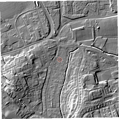 Shaded relief map of the ground around TA12JH, computed from Environment Agency LiDAR. The ground here sits at about 16 m above sea level and falls 14 m across the surrounding 800 m. Surface water reaching this point runs off ground lying to the south-south-east, 12.8 m higher.