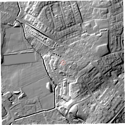 Shaded relief map of the ground around TA12LX, computed from Environment Agency LiDAR. The ground here sits at about 28 m above sea level and falls 18 m across the surrounding 800 m. Surface water reaching this point runs off ground lying to the east, 2.8 m higher.
