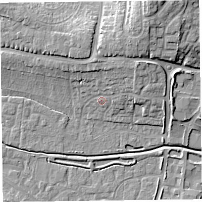 Shaded relief map of the ground around TA12NH, computed from Environment Agency LiDAR. The ground here sits at about 16 m above sea level and falls 16 m across the surrounding 800 m. Surface water reaching this point runs off ground lying to the north-north-east, 8.0 m higher.