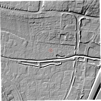 Shaded relief map of the ground around TA12NL, computed from Environment Agency LiDAR. The ground here sits at about 13 m above sea level and falls 13 m across the surrounding 800 m. Surface water reaching this point runs off ground lying to the north-north-east, 8.9 m higher.