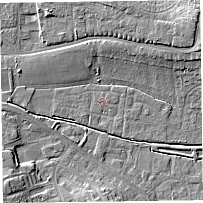Shaded relief map of the ground around TA12PL, computed from Environment Agency LiDAR. The ground here sits at about 14 m above sea level and falls 13 m across the surrounding 800 m. Surface water reaching this point runs off ground lying to the east, 1.2 m higher.