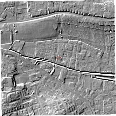 Shaded relief map of the ground around TA12PW, computed from Environment Agency LiDAR. The ground here sits at about 14 m above sea level and falls 15 m across the surrounding 800 m. Surface water reaching this point runs off ground lying to the east, 1.1 m higher.