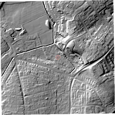 Shaded relief map of the ground around TA12QX, computed from Environment Agency LiDAR. The ground here sits at about 20 m above sea level and falls 18 m across the surrounding 800 m. Surface water reaching this point runs off ground lying to the east, 14.5 m higher.