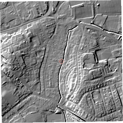 Shaded relief map of the ground around TA12XX, computed from Environment Agency LiDAR. The ground here sits at about 16 m above sea level and falls 16 m across the surrounding 800 m. Surface water reaching this point runs off ground lying to the south-south-east, 12.1 m higher.