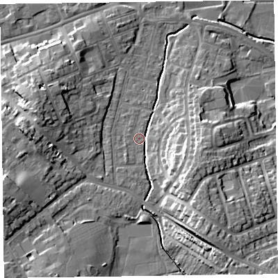 Shaded relief map of the ground around TA12XY, computed from Environment Agency LiDAR. The ground here sits at about 17 m above sea level and falls 16 m across the surrounding 800 m. Surface water reaching this point runs off ground lying to the south-east, 11.7 m higher.