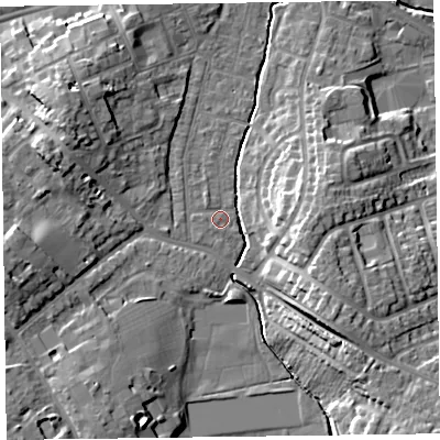Shaded relief map of the ground around TA12XZ, computed from Environment Agency LiDAR. The ground here sits at about 17 m above sea level and falls 17 m across the surrounding 800 m. Surface water reaching this point runs off ground lying to the south-west, 0.8 m higher.
