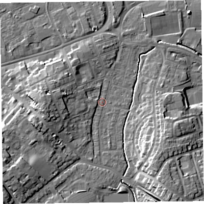 Shaded relief map of the ground around TA12YA, computed from Environment Agency LiDAR. The ground here sits at about 17 m above sea level and falls 15 m across the surrounding 800 m. Surface water reaching this point runs off ground lying to the west, 8.8 m higher.