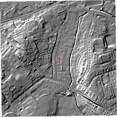 Shaded relief map of the ground around TA12YD, computed from Environment Agency LiDAR. The ground here sits at about 17 m above sea level and falls 15 m across the surrounding 800 m. Surface water reaching this point runs off ground lying to the south-south-east, 1.2 m higher.