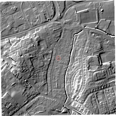 Shaded relief map of the ground around TA12YE, computed from Environment Agency LiDAR. The ground here sits at about 16 m above sea level and falls 15 m across the surrounding 800 m. Surface water reaching this point runs off ground lying to the west-south-west, 8.9 m higher.