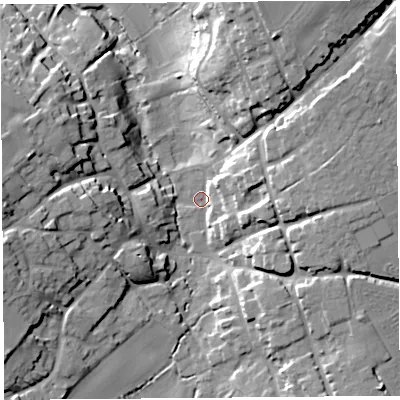 Shaded relief map of the ground around TA135BX, computed from Environment Agency LiDAR. The ground here sits at about 33 m above sea level and falls 27 m across the surrounding 800 m. Surface water reaching this point runs off ground lying to the west-south-west, 17.1 m higher.