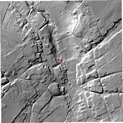 Shaded relief map of the ground around TA135BY, computed from Environment Agency LiDAR. The ground here sits at about 32 m above sea level and falls 29 m across the surrounding 800 m. Surface water reaching this point runs off ground lying to the west, 21.0 m higher.
