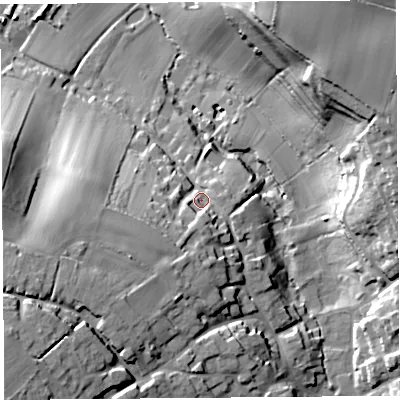 Shaded relief map of the ground around TA135DA, computed from Environment Agency LiDAR. The ground here sits at about 38 m above sea level and falls 38 m across the surrounding 800 m. Surface water reaching this point runs off ground lying to the west-south-west, 12.9 m higher.