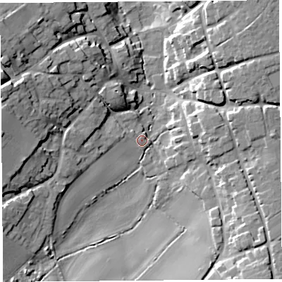 Shaded relief map of the ground around TA135DY, computed from Environment Agency LiDAR. The ground here sits at about 36 m above sea level and falls 21 m across the surrounding 800 m. Surface water reaching this point runs off ground lying to the north-west, 2.7 m higher.