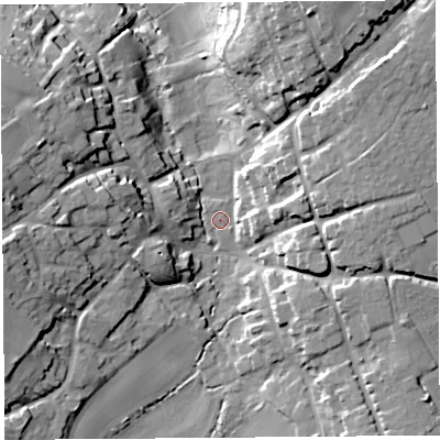 Shaded relief map of the ground around TA135ED, computed from Environment Agency LiDAR. The ground here sits at about 33 m above sea level and falls 26 m across the surrounding 800 m. Surface water reaching this point runs off ground lying to the east, 9.3 m higher.