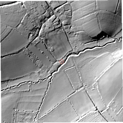 Shaded relief map of the ground around TA135HN, computed from Environment Agency LiDAR. The ground here sits at about 17 m above sea level and falls 20 m across the surrounding 800 m. Surface water reaching this point runs off ground lying to the west-north-west, 17.3 m higher.