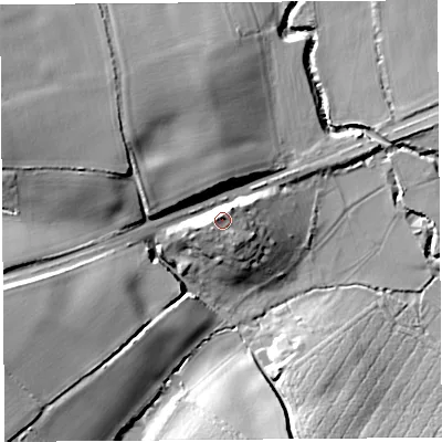 Shaded relief map of the ground around TA135JE, computed from Environment Agency LiDAR. The ground here sits at about 31 m above sea level and falls 23 m across the surrounding 800 m. Surface water reaching this point runs off ground lying to the west-north-west, 6.4 m higher.
