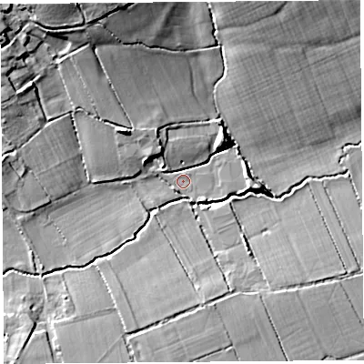 Shaded relief map of the ground around TA135JS, computed from Environment Agency LiDAR. The ground here sits at about 28 m above sea level and falls 18 m across the surrounding 800 m. Surface water reaching this point runs off ground lying to the north-north-west, 17.8 m higher.