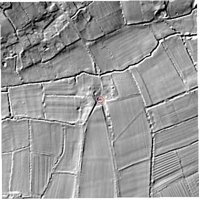 Shaded relief map of the ground around TA135JT, computed from Environment Agency LiDAR. The ground here sits at about 30 m above sea level and falls 12 m across the surrounding 800 m. Surface water reaching this point runs off ground lying to the south-south-west, 7.4 m higher.