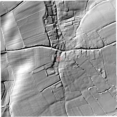 Shaded relief map of the ground around TA135LB, computed from Environment Agency LiDAR. The ground here sits at about 46 m above sea level and falls 40 m across the surrounding 800 m. Surface water reaching this point runs off ground lying to the west, 4.7 m higher.