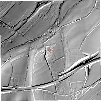 Shaded relief map of the ground around TA135LS, computed from Environment Agency LiDAR. The ground here sits at about 42 m above sea level and falls 27 m across the surrounding 800 m. Surface water reaching this point runs off ground lying to the south-south-east, 2.9 m higher.