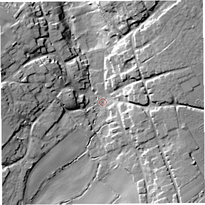 Shaded relief map of the ground around TA135NA, computed from Environment Agency LiDAR. The ground here sits at about 33 m above sea level and falls 20 m across the surrounding 800 m. Surface water reaching this point runs off ground lying to the west, 16.5 m higher.