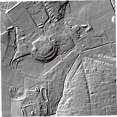 Shaded relief map of the ground around TA13BH, computed from Environment Agency LiDAR. The ground here sits at about 21 m above sea level and falls 15 m across the surrounding 800 m. Surface water reaching this point runs off ground lying to the south-south-west, 10.9 m higher.