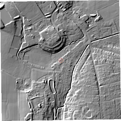 Shaded relief map of the ground around TA13BJ, computed from Environment Agency LiDAR. The ground here sits at about 22 m above sea level and falls 15 m across the surrounding 800 m. Surface water reaching this point runs off ground lying to the south, 3.8 m higher.