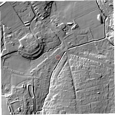 Shaded relief map of the ground around TA13BL, computed from Environment Agency LiDAR. The ground here sits at about 21 m above sea level and falls 16 m across the surrounding 800 m. Surface water reaching this point runs off ground lying to the south, 10.6 m higher.