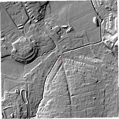 Shaded relief map of the ground around TA13BP, computed from Environment Agency LiDAR. The ground here sits at about 21 m above sea level and falls 15 m across the surrounding 800 m. Surface water reaching this point runs off ground lying to the south, 10.6 m higher.