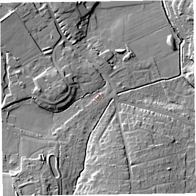 Shaded relief map of the ground around TA13BQ, computed from Environment Agency LiDAR. The ground here sits at about 22 m above sea level and falls 15 m across the surrounding 800 m. Surface water reaching this point runs off ground lying to the south-south-west, 10.1 m higher.