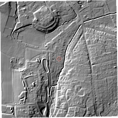 Shaded relief map of the ground around TA13BW, computed from Environment Agency LiDAR. The ground here sits at about 23 m above sea level and falls 20 m across the surrounding 800 m. Surface water reaching this point runs off ground lying to the south-west, 2.2 m higher.