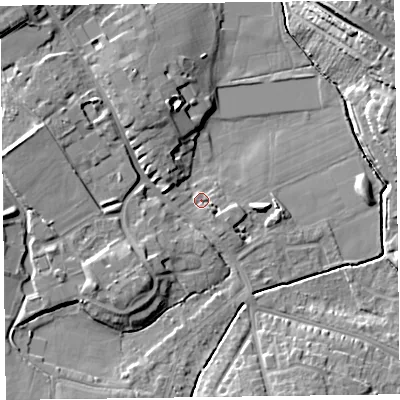 Shaded relief map of the ground around TA13EA, computed from Environment Agency LiDAR. The ground here sits at about 21 m above sea level and falls 12 m across the surrounding 800 m. Surface water reaching this point runs off ground lying to the south-west, 6.2 m higher.