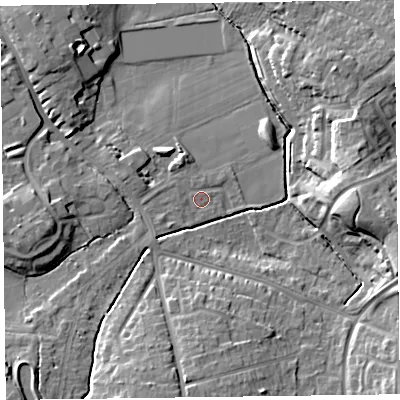 Shaded relief map of the ground around TA13EB, computed from Environment Agency LiDAR. The ground here sits at about 20 m above sea level and falls 16 m across the surrounding 800 m. Surface water reaching this point runs off ground lying to the west, 6.0 m higher.
