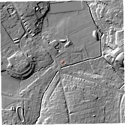 Shaded relief map of the ground around TA13ED, computed from Environment Agency LiDAR. The ground here sits at about 21 m above sea level and falls 16 m across the surrounding 800 m. Surface water reaching this point runs off ground lying to the north, 0.9 m higher.