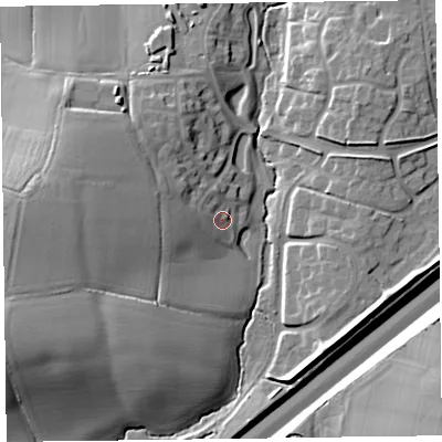 Shaded relief map of the ground around TA13FR, computed from Environment Agency LiDAR. The ground here sits at about 30 m above sea level and falls 24 m across the surrounding 800 m. Surface water reaching this point runs off ground lying to the west, 14.2 m higher.