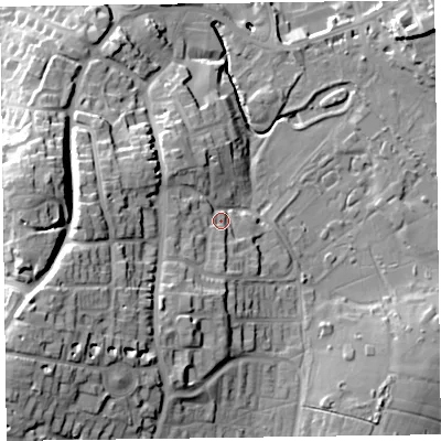 Shaded relief map of the ground around TA13JT, computed from Environment Agency LiDAR. The ground here sits at about 26 m above sea level and falls 31 m across the surrounding 800 m. Surface water reaching this point runs off ground lying to the west-south-west, 23.9 m higher.