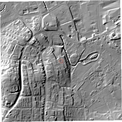 Shaded relief map of the ground around TA13JW, computed from Environment Agency LiDAR. The ground here sits at about 25 m above sea level and falls 33 m across the surrounding 800 m. Surface water reaching this point runs off ground lying to the south-west, 6.8 m higher.
