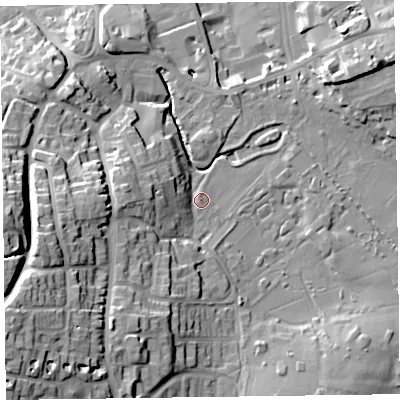 Shaded relief map of the ground around TA13JX, computed from Environment Agency LiDAR. The ground here sits at about 21 m above sea level and falls 30 m across the surrounding 800 m. Surface water reaching this point runs off ground lying to the south-west, 28.7 m higher.