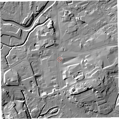 Shaded relief map of the ground around TA13PG, computed from Environment Agency LiDAR. The ground here sits at about 19 m above sea level and falls 17 m across the surrounding 800 m. Surface water reaching this point runs off ground lying to the south-east, 11.4 m higher.