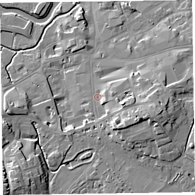 Shaded relief map of the ground around TA13PJ, computed from Environment Agency LiDAR. The ground here sits at about 20 m above sea level and falls 20 m across the surrounding 800 m. Surface water reaching this point runs off ground lying to the east-south-east, 8.9 m higher.