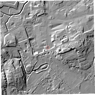 Shaded relief map of the ground around TA13PN, computed from Environment Agency LiDAR. The ground here sits at about 20 m above sea level and falls 21 m across the surrounding 800 m. Surface water reaching this point runs off ground lying to the east, 11.3 m higher.