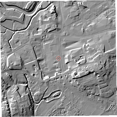 Shaded relief map of the ground around TA13PR, computed from Environment Agency LiDAR. The ground here sits at about 20 m above sea level and falls 21 m across the surrounding 800 m. Surface water reaching this point runs off ground lying to the east-south-east, 8.9 m higher.