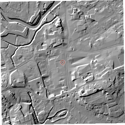 Shaded relief map of the ground around TA13PT, computed from Environment Agency LiDAR. The ground here sits at about 19 m above sea level and falls 17 m across the surrounding 800 m. Surface water reaching this point runs off ground lying to the south-south-east, 2.3 m higher.